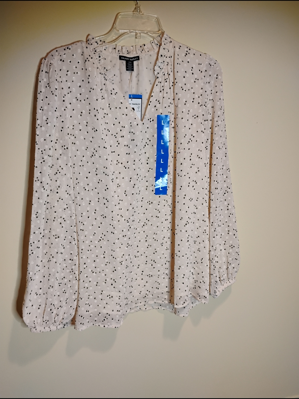 Hilary Radley Cream Blouse with Black Dot Print Large
